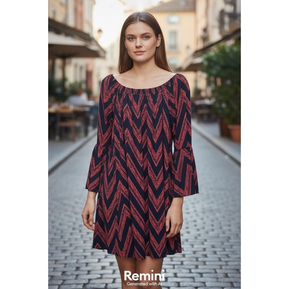 Boho Chevron Off-Shoulder Dress | Bell Sleeve Navy & pink Mini | Flowy Fit